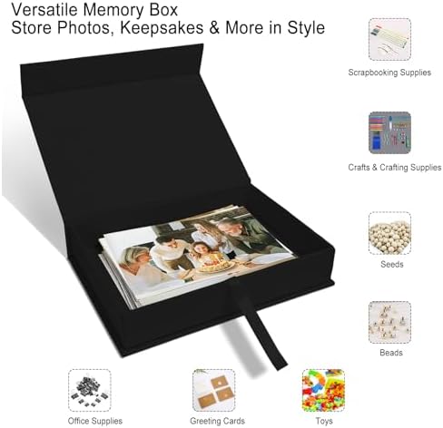 5x7" Archival Photo Storage Box with Lid – Stackable Memory Keepsake Organizer for Photos, Certificates, Jewelry & Scrapbooking Supplies, Photo Cases and Postcard Keeper Storage Container Box Black - Image 2
