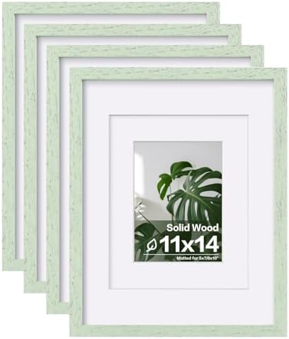 Egofine 11x14 Picture Frames Set of 4, Made of Solid Wood Covered by Plexiglass 5x7 and 8x10 with Mat or 11x14 without Mat, for Table Top Display and Wall Mounting Photo Frame Rustic Green by Egofine