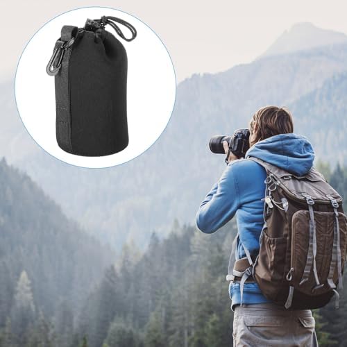 Patikil 3 Pcs 3.7" x 7.1" Drawstring Lens Pouch with Thick Protective Neoprene, DSLR Camera Lens Case for Water, Coffee Cups - Black - Image 7
