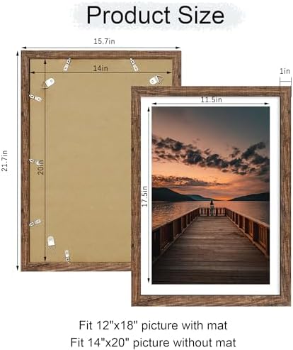 14x20 Poster Frame Set of 2, 14 x 20 Wood Picture Frames with Mat for 12x18, Wooden Photo Frame with Tempered Glass Cover for Wall Mounting Display,Rustic Brown - Image 5