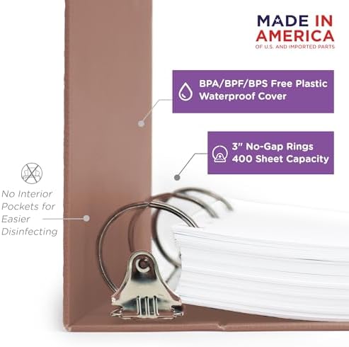 Carstens 3-Inch Heavy Duty 3-Ring Binder - Side Opening, Dusty Rose, Durable Plastic, Precision No-Gap Rings, Waterproof Cover, No Pockets, Holds 400 US Letter Sheets, BPA-Free, Made in USA (1746-3R) - Image 3