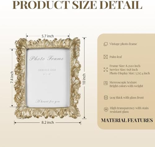 Cuspin 6x8 Picture Frame Gold Vintage Palm Leaf Textured Resin Frame - Image 5