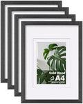 Egofine A4 Picture Frames Set of 4, Made of Solid Wood Covered by Plexiglass 5x7 and 6x8 with Mat or A4 without Mat, for Table Top Display and Wall Mounting Photo Frame Rustic Black by Egofine