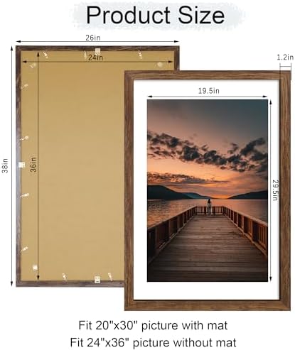 24x36 Poster Frame Set of 2, 24 x 36 Wood Picture Frames with Mat for 20x30, Wooden Photo Frame with Tempered Glass Cover for Wall Mounting Display, Rustic Brown - Image 5