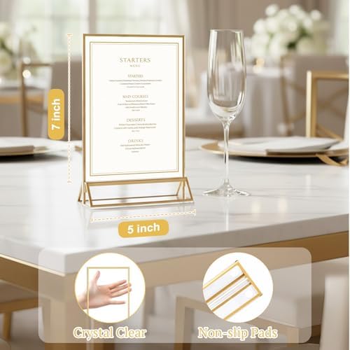 EHWINE 24 Pack Acrylic Sign Holder 5 x 7, Double Sided Gold Picture Frame Stand up Table Top Sign Holders, Clear Display Stand Menu Flyer Holder for Wedding Party - Image 6