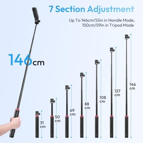 ULANZI MT-71 Tripod Selfie Stick & Vlog Handle with Magnetic Quick Release&1/4'' Screw, 59in Extendable Lightweight Tripod Stand (7-Section) for DJI Pocket 3/Insta360 X5 X4 X3 Series - Image 6