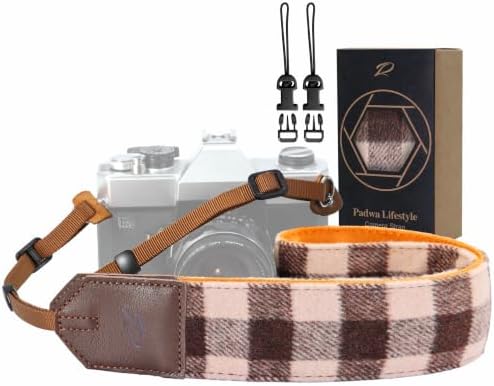 Padwa Lifestyle Camera Strap - 2" Full Grain Leather Ends Camera Straps for Photographers, Unique Vintage Cashmere and Soft Suede Fabric Padded Strap Quick Release fits All Cameras(Beige Coffee Check) by PadwaLifestyleCameraStrap