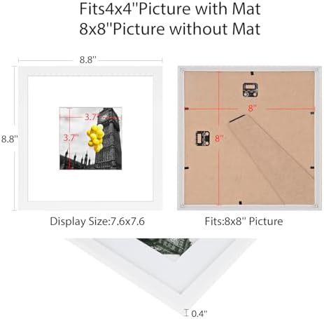 8x8 Picture Frame Set of 6, Display Pictures 4x4 with Mat or 8x8 Without Mat, Tabletop Display and Wall Hanging Photo Frame, Collage Wall Decor Gallery Wall Frame Set,White - Image 5