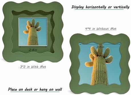 4x4 Green Picture Frame with Mat for 3x3, Curved Wavy Edge Deco Wooden Real Glass, Vertical or Horizontal Display Photo Gallery Wall & Tabletop Frame - Image 3