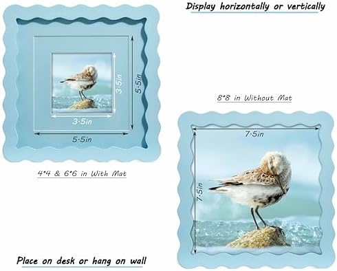 8x8 Blue Picture Frame with Mat for 6x6/4x4, Curved Wavy Edge Deco Wooden Real Glass, Vertical or Horizontal Display Photo Gallery Wall & Tabletop Frame - Image 3