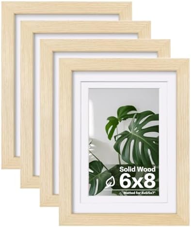 Egofine 6x8 Picture Frames Set of 4, Made of Solid Wood Covered by Plexiglass 4x6 and 5x7 with Mat or 6x8 without Mat, for Table Top Display and Wall Mounting Photo Frame Oak Wood by Egofine