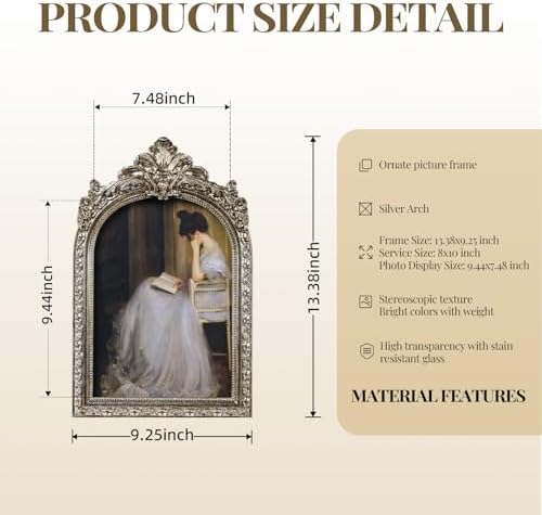 Cuspin 8x10 Picture Frame Silver Vintage Ornate Arched Resin Frame - Image 4