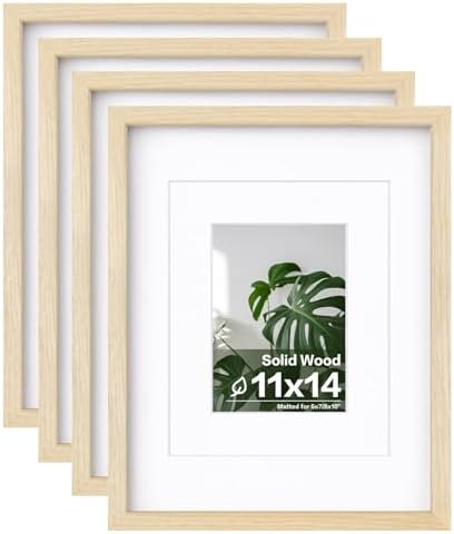 Egofine 11x14 Picture Frames Set of 4, Made of Solid Wood Covered by Plexiglass 5x7 and 8x10 with Mat or 11x14 without Mat, for Table Top Display and Wall Mounting Photo Frame Oak Wood by Egofine
