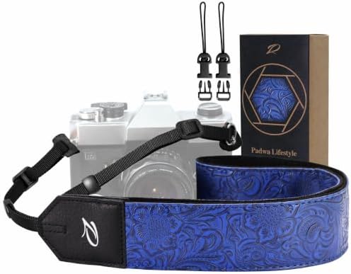 Padwa Lifestyle Camera Strap - 2" Blue Faux Leather Carving Camera Straps with Full Grain Leather Ends for Photographers, Vintage Soft Suede Fabric Padded Strap Quick Release fits All Cameras by PadwaLifestyleCameraStrap