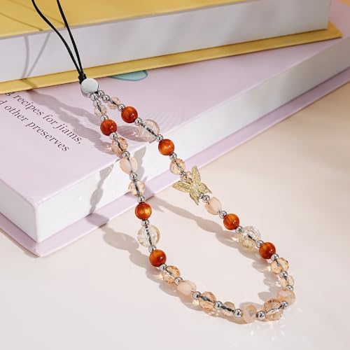 Cell Phone Charm Beaded Phone Wrist Strap Warm Tone Crystal Aesthetic Handmade Anti-Lost Chain Bracelet for iPhone Samsung All Smartphones Bag Boho Fall Wristlet Women Vintage Amber Gold Butterfly - Image 3