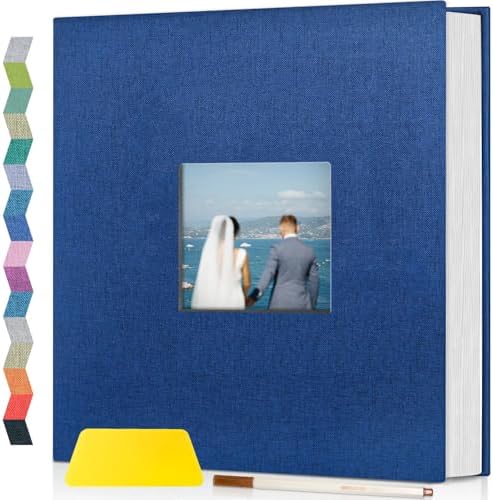 Popotop Photo Album Self Adhesive with Picture Display Window,40 Pages DIY Scrapbooking Supplies Kit for 4x6 10x12 Picture,Linen Cover Memory Book for Baby Wedding, with Scraper and Metallic Pen by Popotop