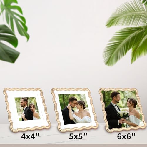 Gold 6x6'' Wave Design Photo Frame with Acid Free Double Mat for 5x5'' & 4x4'',High-End Zinc Alloy Picture Frames with Velvet Backing,Fashionable Style Gold Frames 5x5'' For Tabletop or Wall Display - Image 3