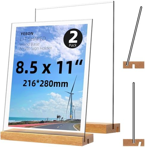 8.5x11 Inch Acrylic Sign Holder with Wooden Base, Desktop Display Stand (8.5x11 2Pack) by YEEON