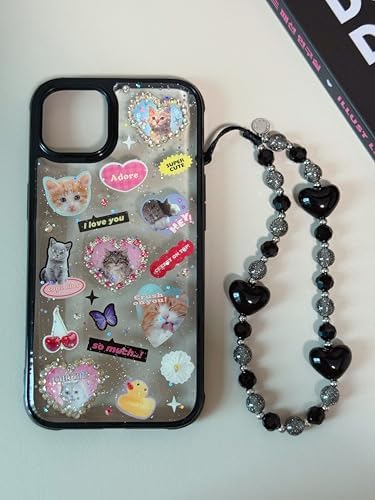 Drawwind Phone Charm Beaded Wristlet Strap Universal Cell Phone Lanyard Cute Bracelet Wrist Strap Beaded Chain String Handmade Accessories for Case Camera Bags (Black Hearts) - Image 5