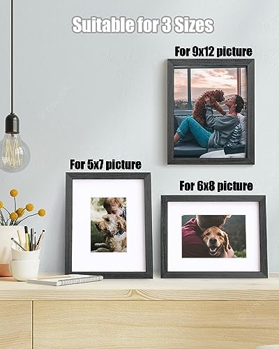 Egofine 9x12 Picture Frames Set of 4, Made of Solid Wood Covered by Plexiglass 5x7 and 6x8 with Mat or 9x12 without Mat, for Table Top Display and Wall Mounting Photo Frame Rustic Black - Image 5