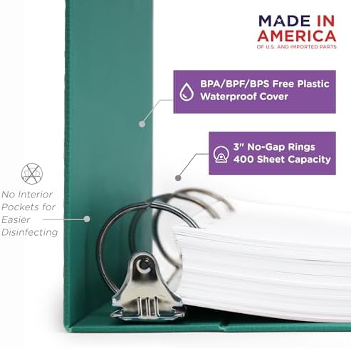 Carstens 3-Inch Heavy Duty 3-Ring Binder - Side Opening, Teal, Durable Plastic, Precision No-Gap Rings, Waterproof Cover, No Pockets, Holds 400 US Letter Sheets, BPA-Free, Made in USA (1710-3R) - Image 3