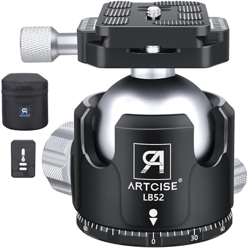 Low Profile Ball Head Tripod Mount Ball Head 52mm Diameter ARTCISE LB52 All Metal CNC Machining with Two 1/4" Quick Release Plates for Tripod, Monopod, DSLR, Camcorder，Max Load 66lbs /30kg by ARTCISE