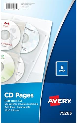 Avery Clear DVD Storage Sleeves for 3 Ring Binder, Two-Sided, Pack of 5 Holds 20 CD/DVDs Total (75263) by Avery