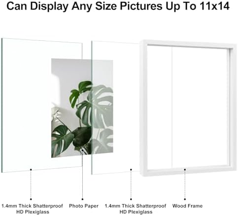Egofine 11x14 Floating Frames Set of 2, Double Plexiglass Picture Frame, Made of Solid Wood Display Any Size Photo up to 11x14, Wall Mount or Tabletop Standing, White - Image 3