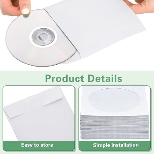 200 PCS White Paper CD DVD Sleeves, Premium Thick CD DVD Sleeves Envelope with Clear Window Cut Out and Close Flap Compatible with Standard Size CD DVD - Image 3