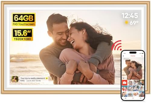 64GB Frameo 15.6" Digital Picture Frame Large 1920 x 1080 IPS FHD Touch Screen WiFi Electronic Photo Frames Share Moments Instantly Anywhere Best Gifts for Parents and Grandparents Golden White by BIGASUO