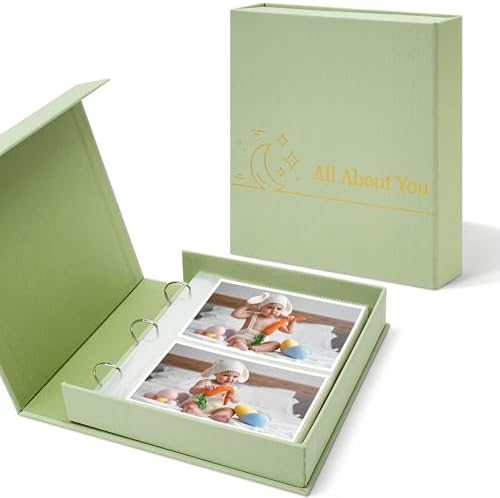 4x6 Photo Storage Box with 3-Ring Slip-In Binder Album, Linen Organizer with Gold Foil Cover, Holds 210 Photos for Travel, Wedding & Memory Keeping, Light Green by Hiwhy