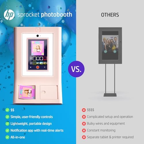 HP Sprocket Photo Booth Machine Instant Color Photo Printer - 10.1" Touchscreen, LED Ring Light - Customize w/250+ Fun Frames, Prints on 3x4 Zink Paper or Share via QR Code, Mobile Notify App - Pink - Image 5