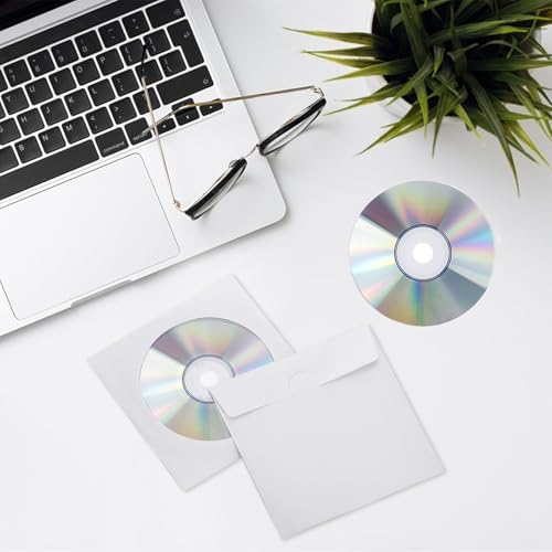 200 PCS CD DVD Sleeves, Premium White Paper CD DVD Sleeves Envelope Sleeves Holder with Clear Window and Close Flap Compatible with 3 Inch CD DVD - Image 5