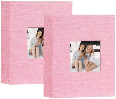 Artmag Mini Photo Album 4x6 50 Pockets 2 Pack, Linen Cover with Front Window Album Each Holds 52 Vertical Photos for Family Wedding Baby Children (Pink) by Artmag
