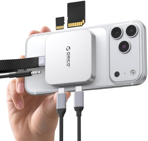 ORICO Ultra-Thin Magnetic SD Card Reader for iPhone 17/16/15 Series/iPad/MacBook, USB C Camera Adapter with SD/TF 3.0 Solt, 5Gbps USB-A, 3.5mm AUX, 100W PD Pass-Through by ORICO
