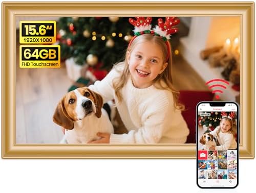 64GB 15.6" Frameo Digital Picture Frame WiFi, Large Electronic Photo Frames Golden 1920 x 1080 IPS FHD Touch Screen, Send Photos from Your Phone from Anywhere, Best Gifts for Family and Friends by BIGASUO
