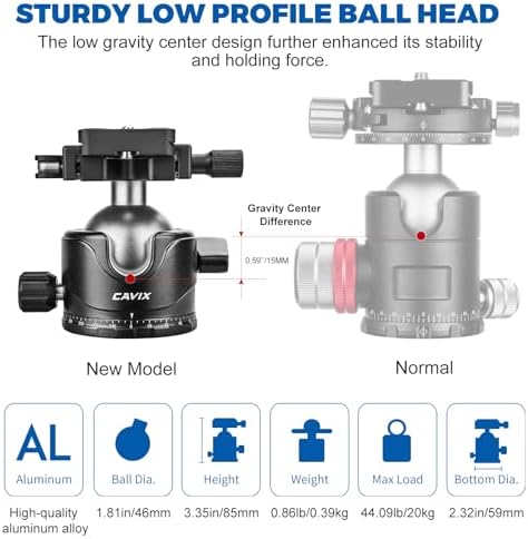 CAVIX Lever Tripod Ball Head, Low Gravity Metal Ball Head Camera Tripod Head 44lbs/20kg Load, Panoramic Ball Head, with 1/4" Arca Swiss Quick Release Plate for Tripod, Monopod, DSLR, Camera(H-46F). - Image 3