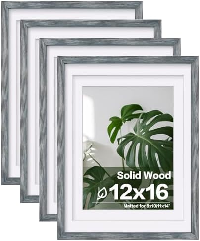 Egofine 12x16 Picture Frames Set of 4, Made of Solid Wood Covered by Plexiglass 9x12 and 11x14 with Mat or 12x16 without Mat, for Wall Mounting Photo Frame Rustic Blue by Egofine
