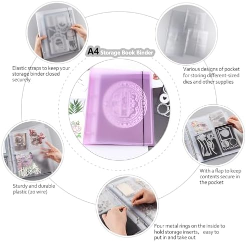 A4 Dies and Stamps Storage Book Binder Folder, Page Protectors Pockets Inserts Organizer for Cutting Dies Stencil Album Stamp Crafts, 1Pcs Purple Storage Book Cover & 20 Inserts with 1/2/3/4 Pockets - Image 4