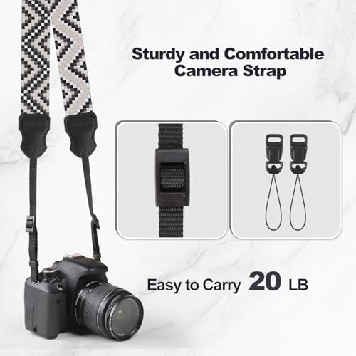 Universal Camera Strap - Camera Neck Strap, Adjustable Shoulder Straps Compatible with Canon, Fujifilm, Nikon, Olympus, Panasonic and other SLR and mirrorless cameras - Black White Gquares - Image 6