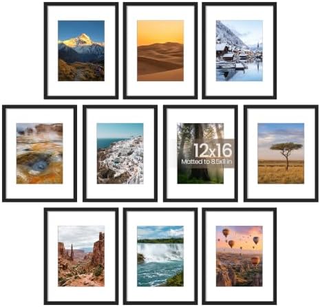 upsimples 12x16 Picture Frame Set of 10, Display Pictures 8.5x11 with Mat or 12x16 Without, Multi Photo Frames Collage for Wall Display, Black by upsimples