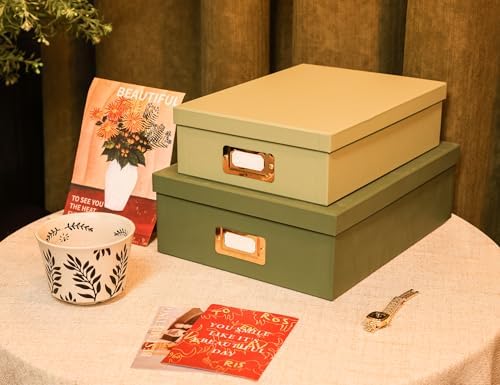 2-Piece Decorative Storage Boxes, Sophisticated Dual-green Palette, Paperboard Stackable with Gold Label Holders for Home Office Organization, Home Decor, Photos, Files and Keepsake Box - Image 2