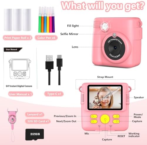Instant Print Camera for Kids,Christmas Birthday Gifts for Age 3-12 Girls Boys，1080P HD Digital Video Cameras for Toddler,Kids Portable Toy with 3 Rolls Photo Paper，32GB Card-Pink - Image 6