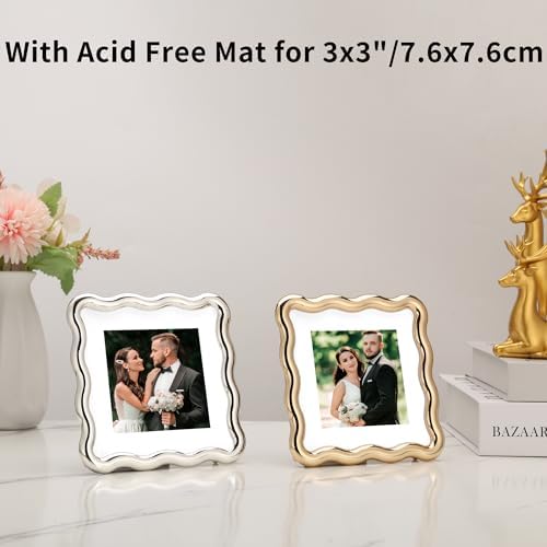 High-End Silver 4x4'' Square Zinc Alloy Picture Frames,with Acid Free Mat for 3x3'',Unique Wave Design Picture Frame with Premium Soft Velvet & Backing for Tabletop or Home Decor - Image 5