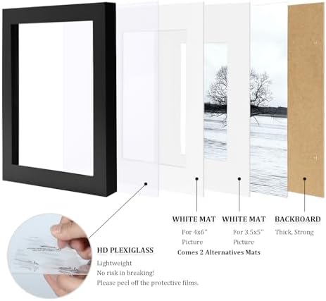 Egofine 5x7 Picture Frames Set of 4, Made of Solid Wood Covered by Plexiglass 3.5x5 and 4x6 with Mat or 5x7 without Mat, for Table Top Display and Wall Mounting Photo Frame Black - Image 4