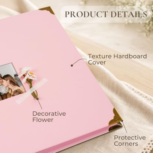 Vienrose Large 3 Ring Scrapbook Album 14.2 x 13 Inch, Textured Paper Cover DIY Photo Album with 40 Plastic Sleeves for Photos Baby Travel Wedding Anniversary Pink - Image 5