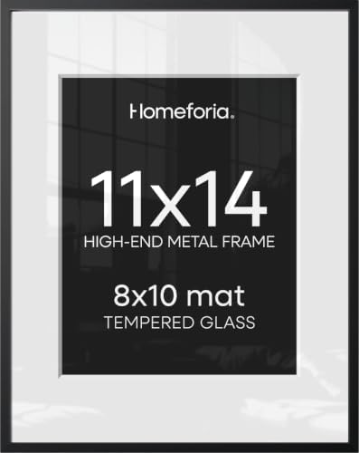 Homeforia 11x14 Black Picture Frame, High-End Metal, 8x10 Mat, Glass by Homeforia