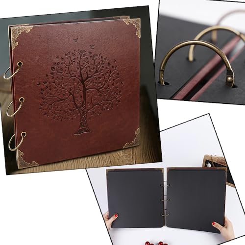 Photo Album DIY Scrapbook (10x10 inch 50 Pages Double Sided), Vintage Leather Cover Three-Ring Binder Family Picture Booth with 9 Color 408pcs Self Adhesive Photos Corners for Memory Keep, Tree - Image 2