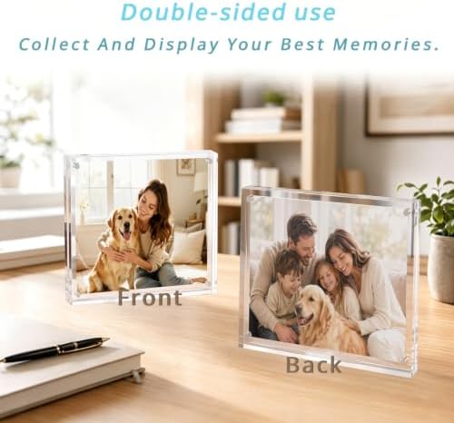 Meetu Acrylic 5x5 Picture Frame 2 Pack Clear Two Sided Desk Photo Frame Magnetic Frame Inner Size 4x4 with Gift Pack for Display Family Pictures Baby Photos Friends Pictures Pet Dog Picture - Image 6