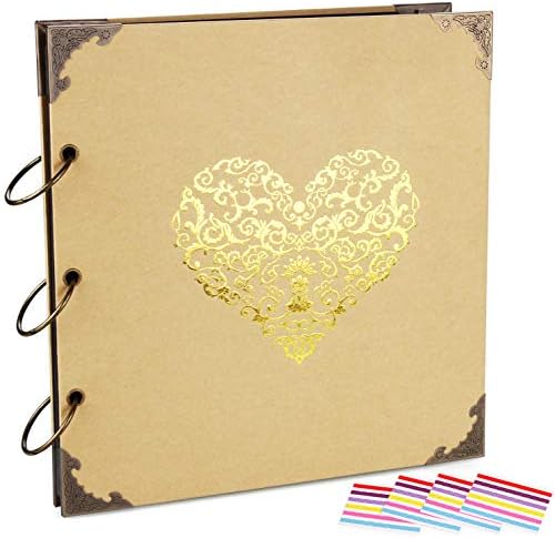 Photo Album DIY Scrapbook, 10x10 inch 50 Pages Double Sided, Vintage Hardcover Three-Ring Binder Picture Booth with 408pcs 6 Colors Self Adhesive Photos Corners (Champagne, Gold Blocking Heart) by ADVcer